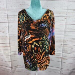 Peter Nygard Womens Large Blouse Drape Neck Animal Print Art To Wear Abstract